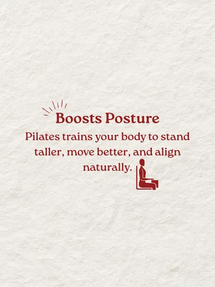 Benefit 1: Pilates boosts posture. We train your body to stand taller and align naturally, which helps reduce aches and pains.