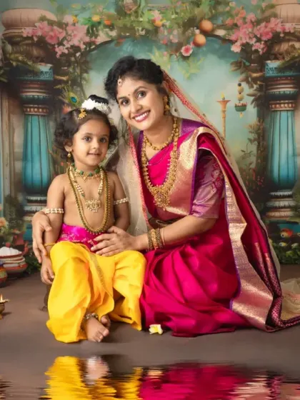A beautiful portrait of a mother as Yashoda holding her child, dressed as little Krishna. The rich colors of the saree and the backdrop create a regal and warm atmosphere.