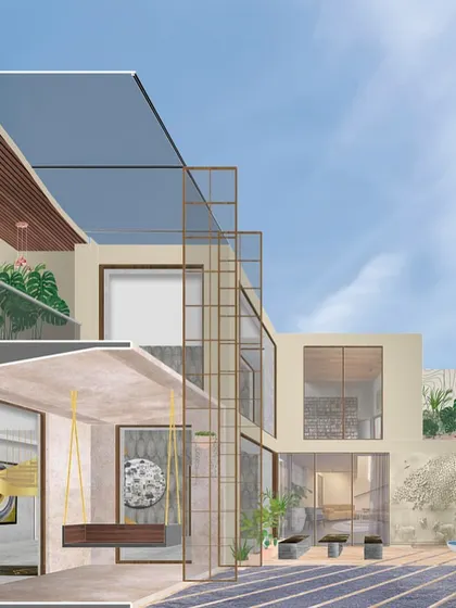 A sectional perspective drawing for a penthouse in Gurugram. This drawing illustrates how we design multi-level spaces with double-height volumes, terraces, and integrated landscapes to create a luxurious and open home.