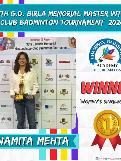Congratulations to our trainee Namita Mehta for winning the Women's Singles 45+ title at the 30th G.D. Birla Memorial Master Inter-Club Badminton Tournament.
