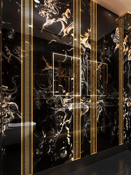 This angle shows the use of mirrors and Greek key patterned borders to add layers of detail and reflection to the opulent space.