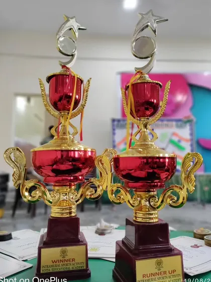 The trophies for the winners and runners-up of our Inter-House Kabaddi Tournament.