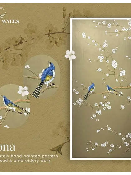 The 'Fiona' panel is inspired by the season of autumn. This design is meticulously hand-painted and adorned with beadwork and embroidery to capture the elegance of birds on a branch, merging nature with art.