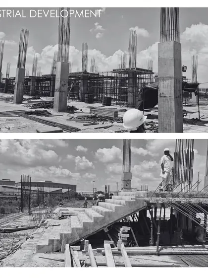 Construction photos from an industrial development project in Kolkata. These black and white images capture the raw, powerful aesthetic of the structure in its early stages, highlighting the scale of our work in the industrial sector.