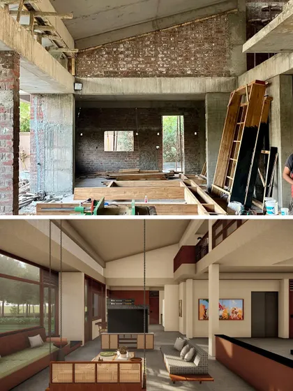 **Of Courtyards and Corners, Ahmedabad:** This image contrasts the rendered vision for the interior living space with the raw construction shell. It gives a glimpse into the transformation that will occur as we move towards finishing the project.