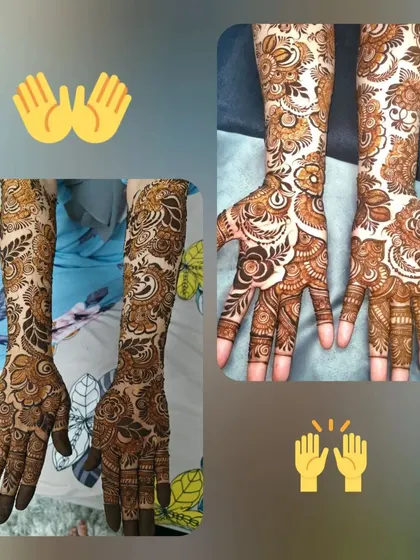A collage showing a gorgeous, dense floral design on the hands and arms. This style is perfect for anyone who loves a very full and traditional mehndi look.