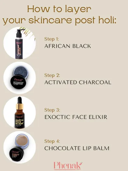 After events like Holi, your skin needs extra care to recover. I recommend this specific layering technique: start with the African Black facewash, use the Activated Charcoal mask to detoxify, apply the Exotic Face Elixir to hydrate, and finish with Chocolate Lip Balm to soothe your lips.