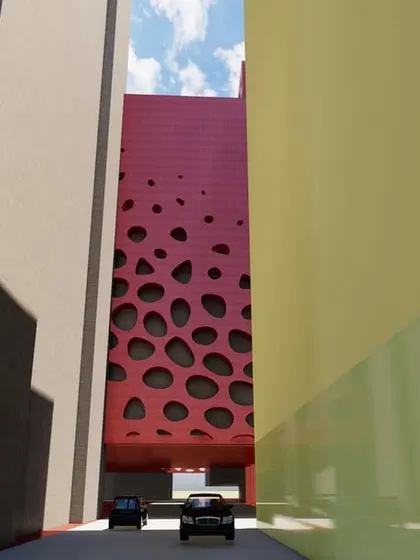 A conceptual study for a high-rise facade featuring a bold red, perforated screen. This design exploration focuses on creating visual interest and texture through organic, non-uniform openings in the building's skin.