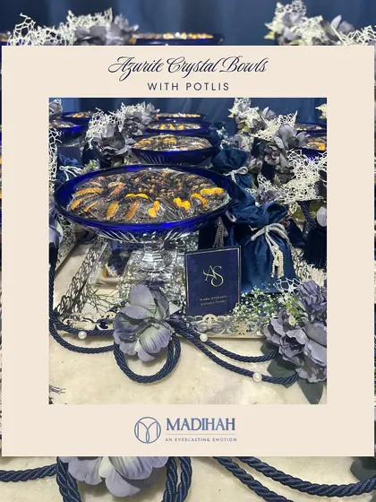 An announcement-style image for the Azure Crystal Bowls with Potlis. This format is perfect for showcasing a new collection of wedding or event favours to clients.