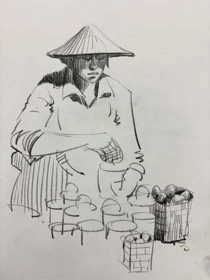 A sketch of a vendor in a conical hat, a study in different cultural attires.