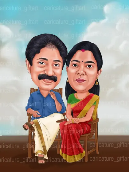 An anniversary caricature for a lovely couple, capturing their likeness in traditional Kerala attire. A perfect gift to celebrate a milestone.