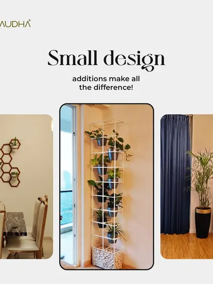 Small design additions can make all the difference. This image shows three examples: a honeycomb wall shelf for succulents, a tall corner planter rack, and a simple floor planter, each adding a unique touch of green.