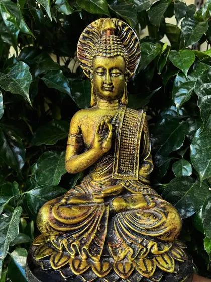 Here, the golden Buddha statue is placed against a backdrop of lush green ivy. This simple pairing creates a powerful image of tranquility and nature's beauty.