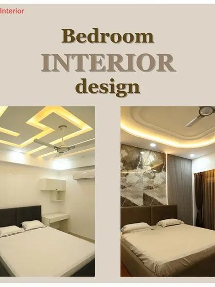 This collage showcases two distinct bedroom styles, one with a geometric ceiling and marble accent wall, and another with a more classic, understated elegance.