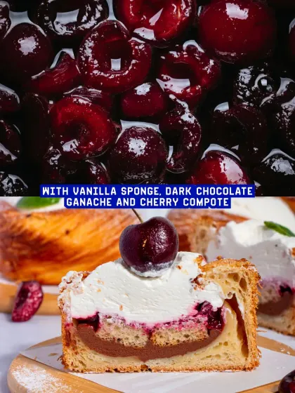 A look at the components of the Cherry Trifle: rich cherry compote, vanilla sponge, and dark chocolate ganache.