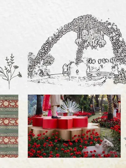 A sketch of the 'Regal Rustic Reverie' mandap, showing how we translated the mood board into a concrete design, complete with the floral arch and hanging chandelier.