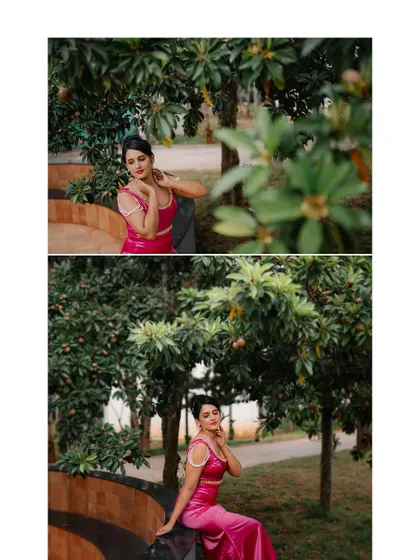 A portrait of the bride-to-be in her pink gown, taken in a beautiful garden setting.