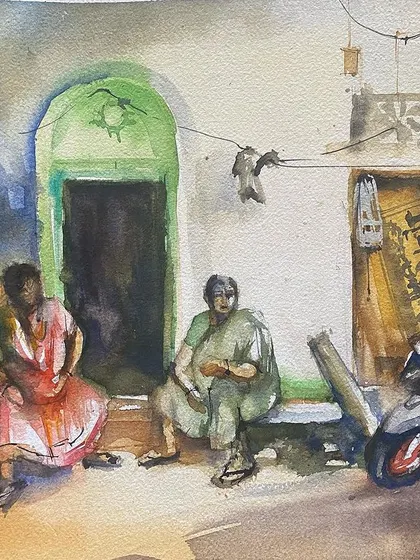 'Chalo gappein maarein' (Let's chat). This watercolor captures two women enjoying a quiet moment of conversation on their doorstep, a simple, universal pleasure that is all that matters sometimes.