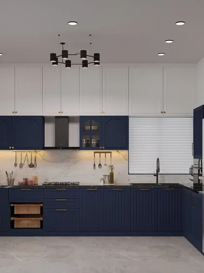 A full view of the L-shaped navy blue and white kitchen render, showcasing the two-tone design and statement lighting.