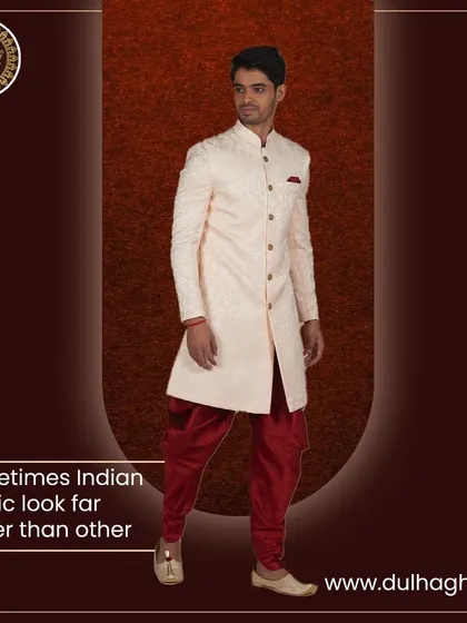 An Indian ethnic look that is far better than others. This cream sherwani paired with maroon dhoti pants offers a unique and stylish silhouette.
