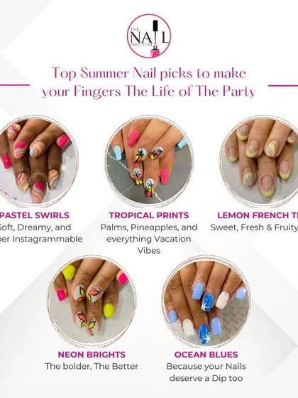 We teach you how to create the trendiest looks your clients will love. This guide shows some of the popular summer nail art styles we cover, including pastel swirls, tropical prints, and neon brights.