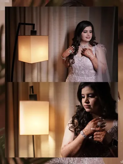 A two-panel shot of the bride by a modern lamp, the soft light creating an intimate and glamorous mood for her engagement portrait.
