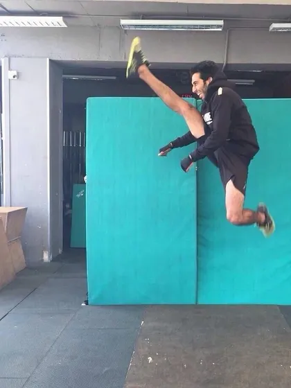 Sometimes you just have to jump. This dynamic kick shows the explosive power that comes from a foundation of mobility and strength.