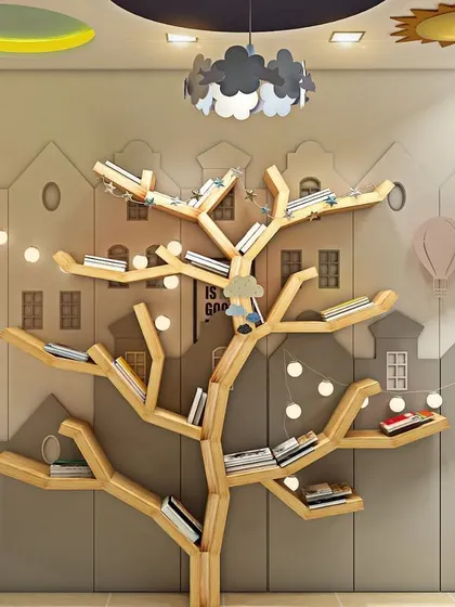 A creative bookshelf designed in the shape of a tree, serving as both a storage solution and a whimsical decorative element in this child's room.