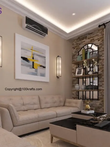 The living room in the 'Ozone Villas' project, showcasing an American Industrial style. Exposed brick, sleek wall sconces, and comfortable neutral sofas create a look that is both raw and refined.