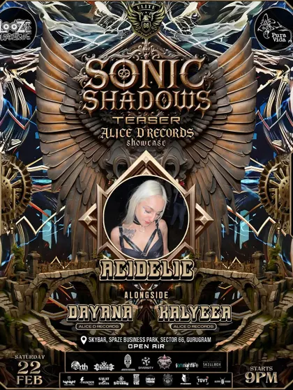 An artist feature poster for Acidelic, one of the supporting acts at our Sonic Shadows teaser party. We believe in promoting the full lineup.