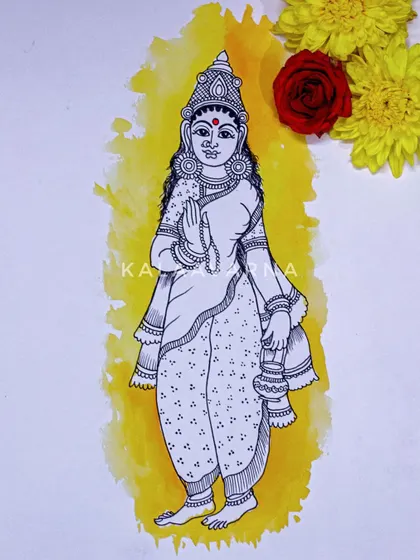 This drawing depicts Devi Mahagauri, the eighth form of Navadurga, who represents purity and serenity. The yellow watercolor background reflects her calm and radiant nature.
