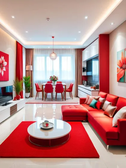 A coordinated living, dining, and kitchen space in a vibrant red. This design shows how a strong color can be used to unify an open-concept home.