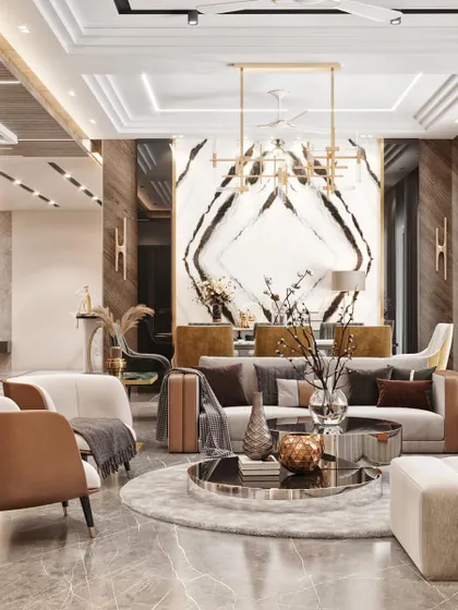 A 3D visualization of a large, open-plan living and dining area. This render showcases a cohesive design with a book-matched marble feature wall, contemporary furniture, and a unified color palette.