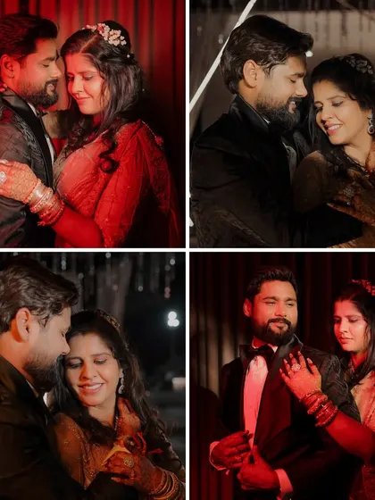 A collection of romantic, close-up portraits of the couple during their Sangeet. The warm, red lighting enhances the intimate and loving atmosphere of the night.