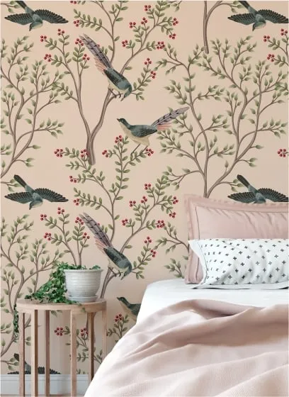 A charming bedroom wallpaper with a repeating pattern of birds on branches. This design adds a touch of classic elegance and nature to the room.
