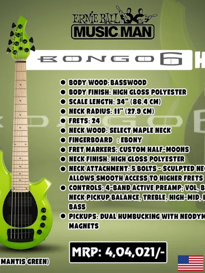 The Ernie Ball Music Man Bongo 6 HH bass guitar in Mantis Green. This spec sheet highlights its unique body shape, dual humbucking pickups, and 4-band active preamp for ultimate tonal control.