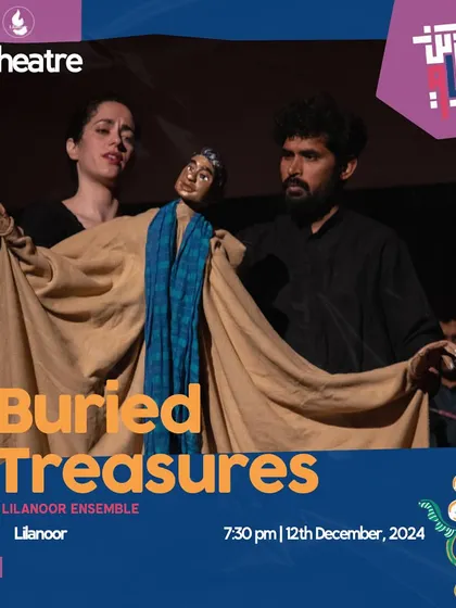 The official poster for a 'Buried Treasures' performance, showcasing the central role of puppetry in our theatrical storytelling. This show is an all-ages experience that blends Indian and European traditions.