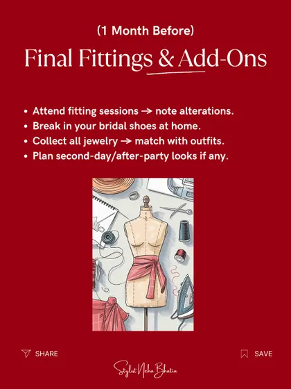 The Bridal Outfit Timeline: 1 month before. It's all about final fittings and add-ons. Attend your fitting sessions, break in your bridal shoes, collect all your jewelry, and plan any second-day or after-party looks.