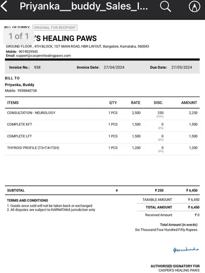 An invoice for Buddy's consultation and blood tests, amounting to Rs. 6,450.