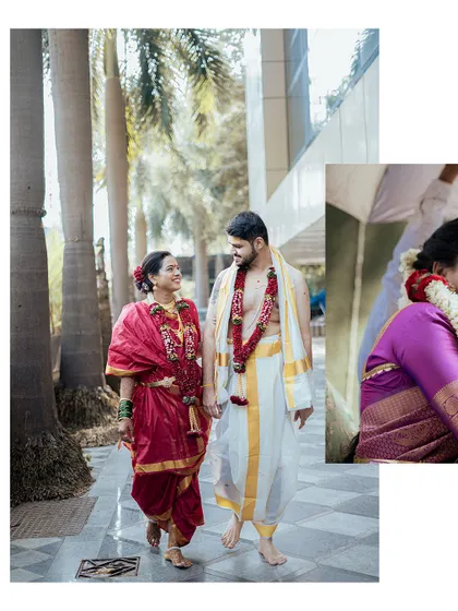 A collage showing the couple walking together after their wedding and a detail of the bride's traditional hairstyle and saree.