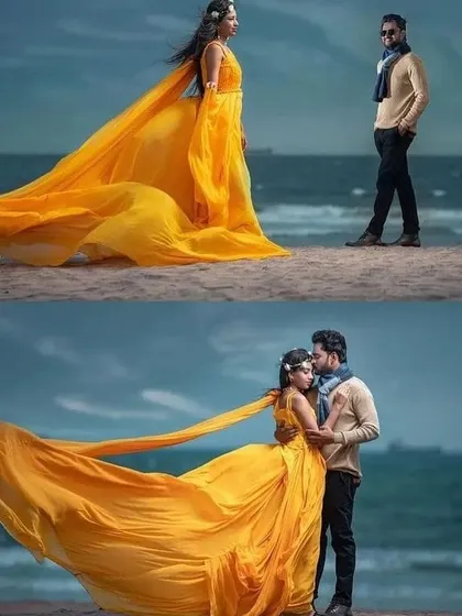 This vibrant yellow gown is perfect for a beach or outdoor photoshoot. The lightweight fabric flows beautifully, creating a dreamy and romantic effect for your pictures.