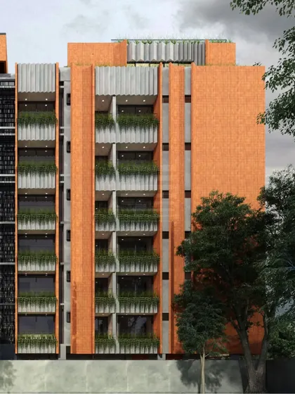 'The Flutes' apartments feature a facade of exposed red brick cladding, a nod to traditional materials. Slender vertical columns and integrated planters introduce a contemporary rhythm and a biophilic touch to the urban building.