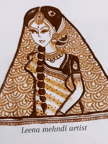 A classic side-profile bridal figure, adorned with a detailed dupatta and traditional jewelry. This style of figurative work is a timeless element in Indian bridal henna.