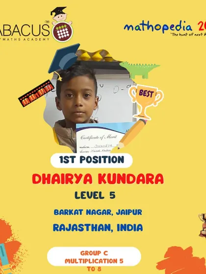 Dhairya Kundara from Jaipur, Rajasthan, a 1st Position winner in the multiplication category.