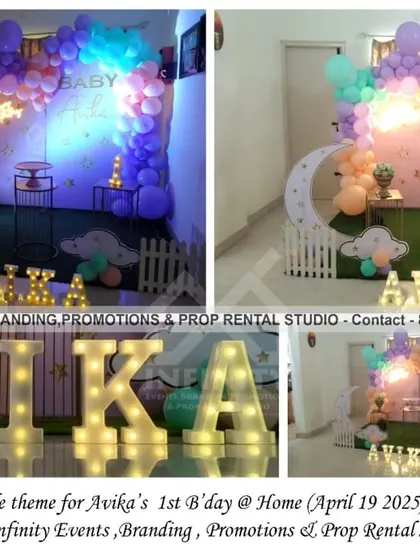 A dreamy "Twinkle Twinkle Little Star" theme for a first birthday at home. This setup features a semi-arch and moon backdrop, a pastel balloon garland with a neon "Happy Birthday" sign, and marquee letters, creating a magical ambiance.