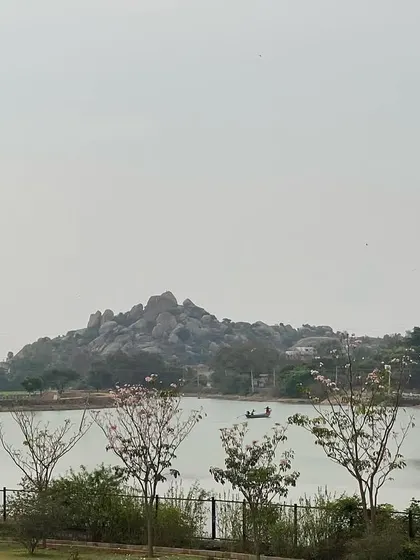 The lake view on a hazy summer day, with flowering trees in the foreground. This image captures the gentle, dream-like quality of the landscape, inviting you to slow down and just be.