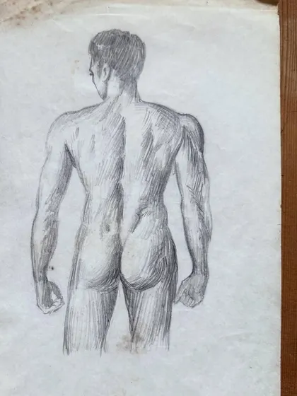 A study of the male form from behind, sketched from my college days. This practice in capturing anatomy and muscle definition was crucial in developing my eye for silhouette and posture.