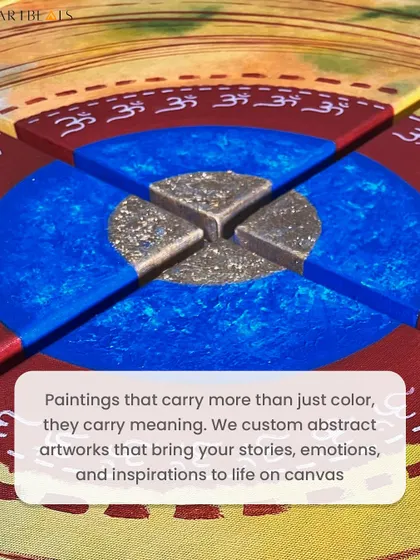 A close-up of the 'Brahmaand' artwork. This piece is more than just color on canvas; it carries meaning. The textured gold center and the deep blues and reds are part of a custom abstract work that brings a client's inspiration to life.