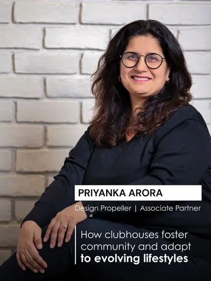 A portrait of our Associate Partner, Priyanka Arora. Her work on the Elevate Clubhouse showcases our philosophy of refining comfort, introducing light, and ensuring spaces are socially connected.