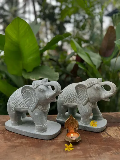 This pair of ornate stone elephants is a symbol of strength and good fortune. Elephants are powerful beings that remove obstacles, and these handcrafted figures make a beautiful and auspicious addition for Diwali and beyond.